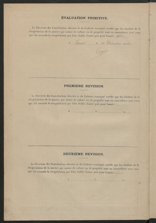 Tableau présentant les augmentations et les diminutions survenues dans la matière imposable ; récapitulation ; table alphabétique des propriétaires ; matrice des propriétés non bâties, fol. 1 à 488.