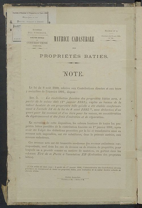 Matrice des propriétés bâties ; augmentations et diminutions, 1883-1891 ; séparation des revenus cadastraux afférents, pour l'année 1882, aux propriétés bâties et non bâties (état-balance) ; table alphabétique des propriétaires.