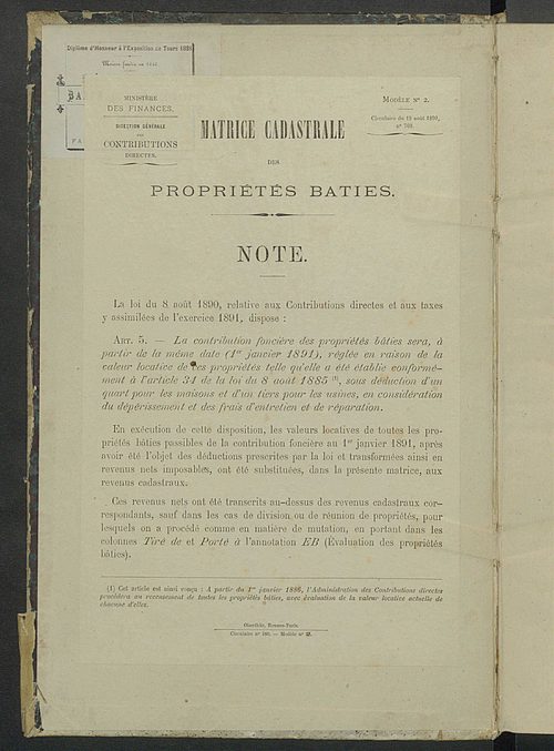 Matrice des propriétés bâties ; augmentations et diminutions, 1883-1891 ; séparation des revenus cadastraux afférents, pour l'année 1882, aux propriétés bâties et non bâties (état-balance) ; table alphabétique des propriétaires.