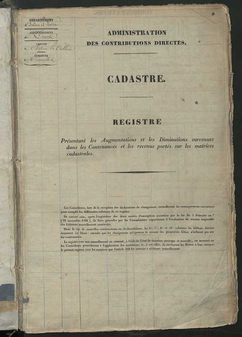Registre présentant les augmentations et les diminutions survenues dans les contenances et les revenus portés sur les matrices cadastrales, 1824-1914 ; récapitulation des contenances et des revenus imposables, 1822 ; matrice des propriétés foncières, fol.