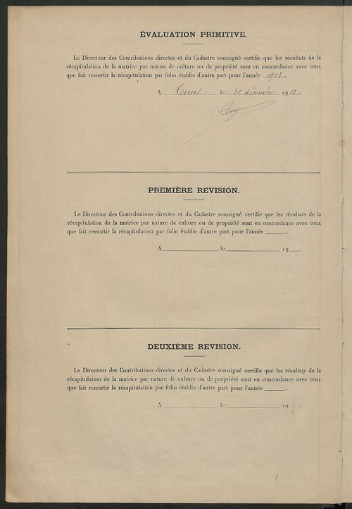 Tableau présentant les augmentations et les diminutions survenues dans la matière imposable ; récapitulation ; table alphabétique des propriétaires ; matrice des propriétés non bâties, fol. 1 à 488.