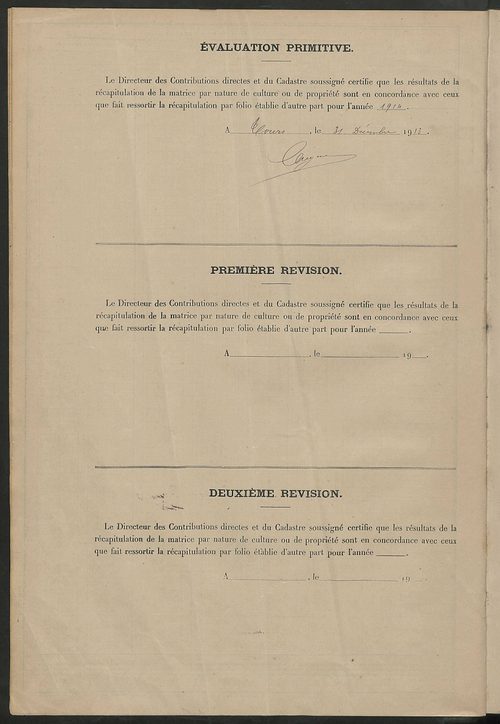 Tableau présentant les augmentations et les diminutions survenues dans la matière imposable ; récapitulation ; table alphabétique des propriétaires ; matrice des propriétés non bâties, fol. 1 à 500.