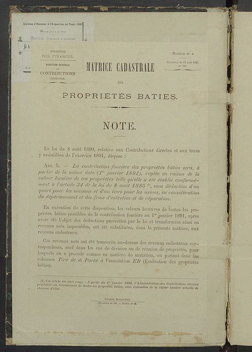 Matrice des propriétés bâties ; augmentations et diminutions, 1883-1891 ; séparation des revenus cadastraux afférents, pour l'année 1882, aux propriétés bâties et non bâties (état-balance) ; table alphabétique des propriétaires.