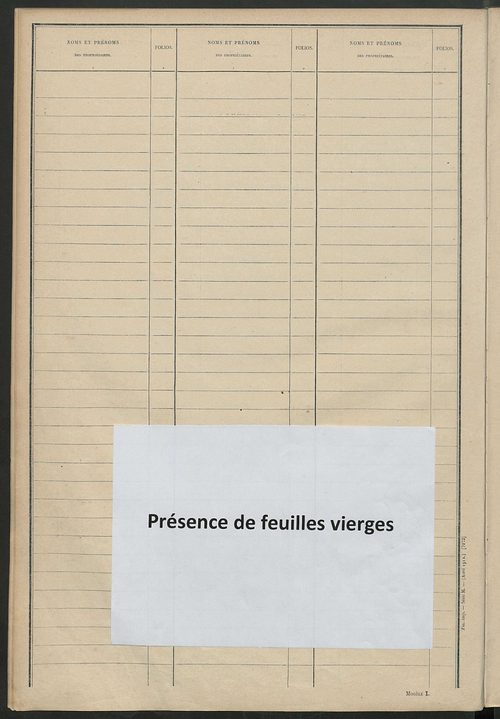Matrice des propriétés non bâties ; tableau présentant les augmentations et les diminutions survenues dans la matière imposable ; récapitulation ; table alphabétique des propriétaires.