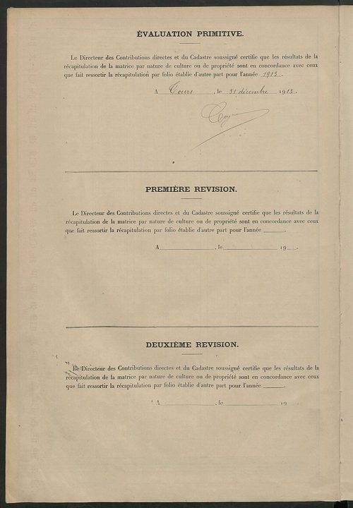 Matrice des propriétés non bâties ; tableau présentant les augmentations et les diminutions survenues dans la matière imposable ; récapitulation ; table alphabétique des propriétaires.