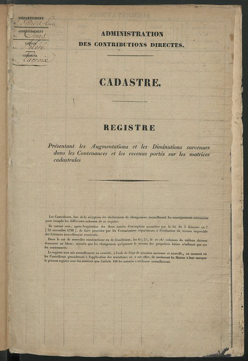 Registre présentant les augmentations et les diminutions survenues dans les contenances et les revenus portés sur les matrices cadastrales, 1828-1910; récapitulation des contenances et des revenus imposables, 1826 ; matrice des propriétés foncières, fol. 
