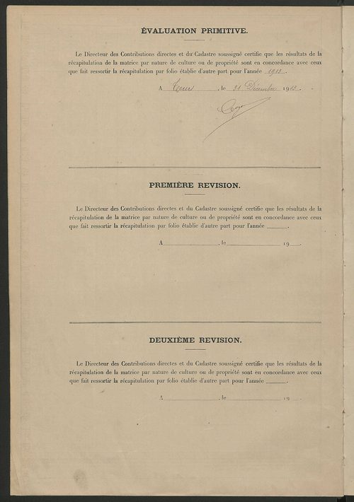 Matrice des propriétés non bâties : tableau présentant les augmentations et les diminutions survenues dans la matière imposable ; récapitulation ; table alphabétique des propriétaires.