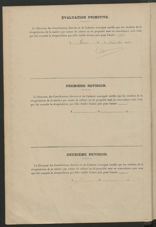 Tableau présentant les augmentations et les diminutions survenues dans la matière imposable ; récapitulation ; table alphabétique des propriétaires ; matrice des propriétés non bâties, fol. 1 à 492.