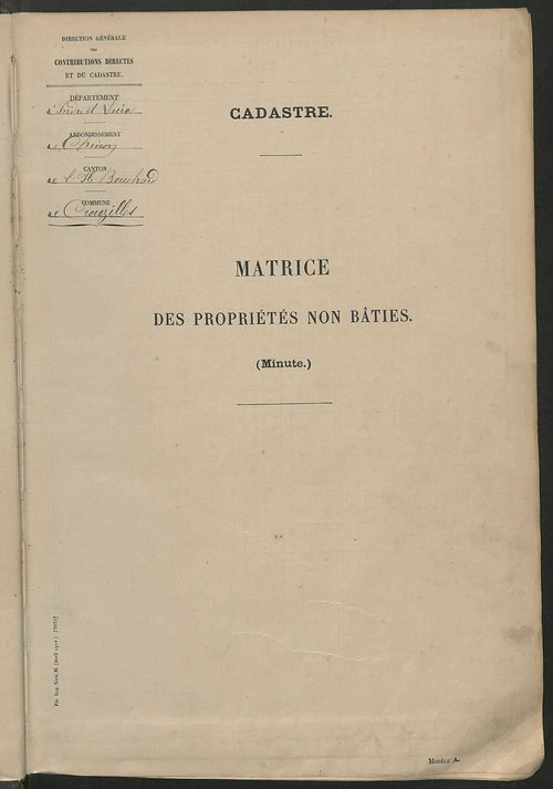 Tableau présentant les augmentations et les diminutions survenues dans la matière imposable ; récapitulation ; table alphabétique des propriétaires ; matrice des propriétés non bâties, fol. 1 à 492.