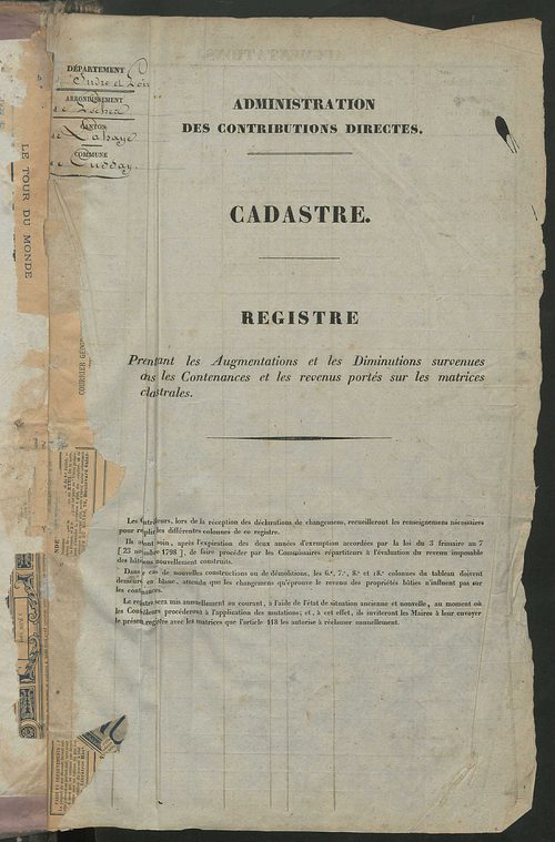 Registre présentant les augmentations et les diminutions survenues dans les contenances et les revenus portés sur les matrices cadastrales, 1837-1914 ; récapitulation des contenances et des revenus imposables, 1835 ; matrice des propriétés foncières, fol.