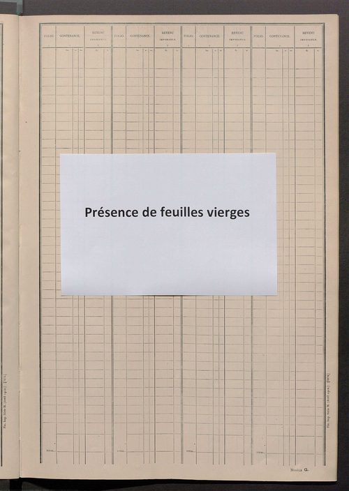 Matrice des propriétés non bâties ; tableau présentant les augmentations et les diminutions survenues dans la matière imposable ; récapitulation ; table alphabétique des propriétaires.