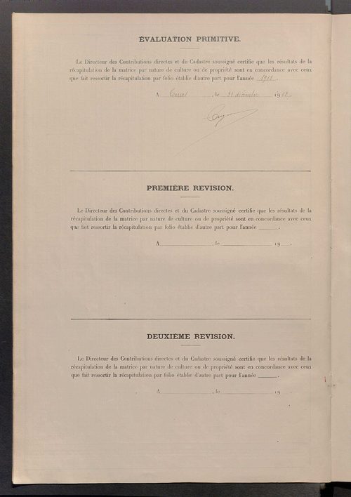 Matrice des propriétés non bâties ; tableau présentant les augmentations et les diminutions survenues dans la matière imposable ; récapitulation ; table alphabétique des propriétaires.
