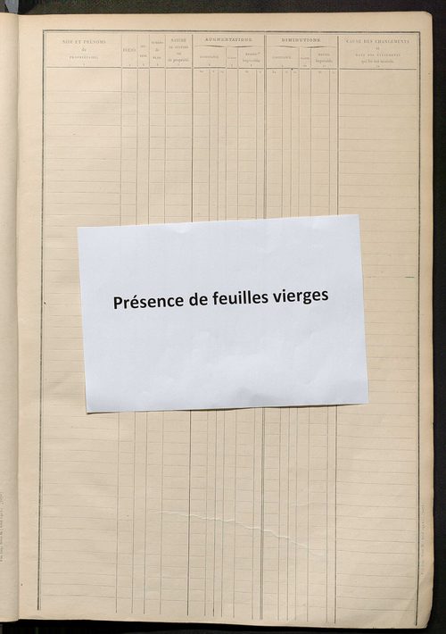 Tableau présentant les augmentations et les diminutions survenues dans la matière imposable ; récapitulation ; table alphabétique des propriétaires ; matrice des propriétés non bâties, fol. 1 à 488.