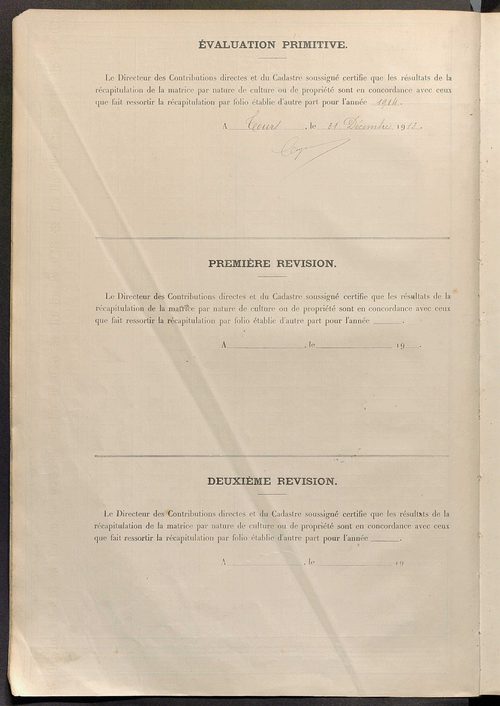 Tableau présentant les augmentations et les diminutions survenues dans la matière imposable ; récapitulation ; table alphabétique des propriétaires ; matrice des propriétés non bâties, fol. 1 à 488.