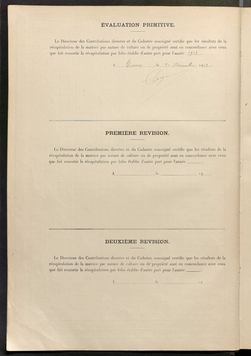 Tableau présentant les augmentations et les diminutions survenues dans la matière imposable ; récapitulation ; table alphabétique des propriétaires ; matrice des propriétés non bâties, fol. 1 à 492.