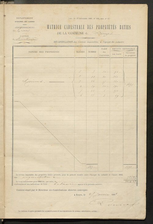 Matrice des propriétés bâties ; augmentations et diminutions, 1883-1891 ; séparation des revenus cadastraux afférents, pour l'année 1882, aux propriétés bâties et non bâties (état-balance) ; table alphabétique des propriétaires.