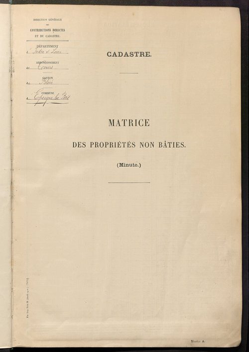 Tableau présentant les augmentations et les diminutions survenues dans la matière imposable ; récapitulation ; table alphabétique des propriétaires ; matrice des propriétés non bâties, fol. 1 à 488.