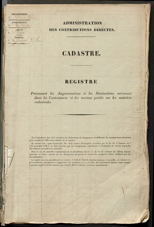 Registre présentant les augmentations et les diminutions survenues dans les contenances et les revenus portés sur les matrices cadastrales, 1829-1914 ; récapitulation des contenances et des revenus imposables, 1828 ; matrice des propriétés foncières, fol.