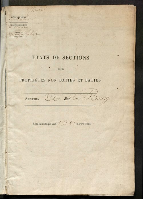 Etats de sections des propriétés non bâties et bâties ; relevé des numéros de propriétés non bâties de même nature ; relevé des propriétés bâties ; récapitulation de la contenance et du revenu imposables des propriétés.