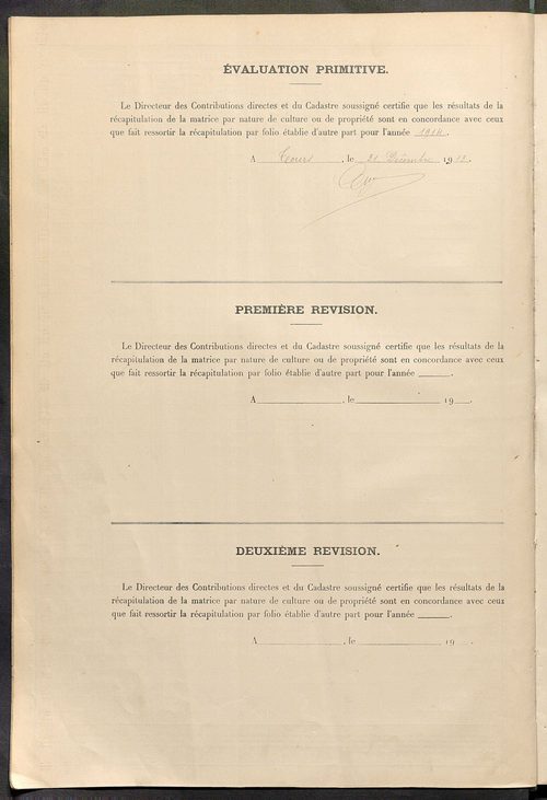 Tableau présentant les augmentations et les diminutions survenues dans la matière imposable ; récapitulation ; table alphabétique des propriétaires ; matrice des propriétés non bâties, fol. 1 à 488.