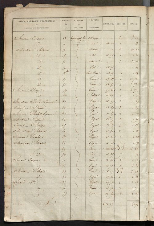 Etats de sections des propriétés non bâties et bâties ; relevé des numéros de propriétés non bâties de même nature ; relevé des propriétés bâties ; récapitulation de la contenance et du revenu imposables des propriétés.