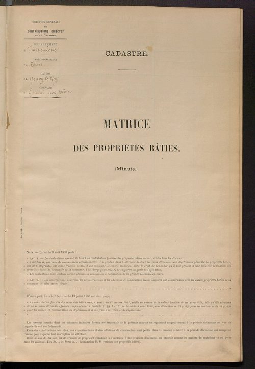Matrice des propriétés bâties ; récapitulation ; table alphabétique des propriétaires.