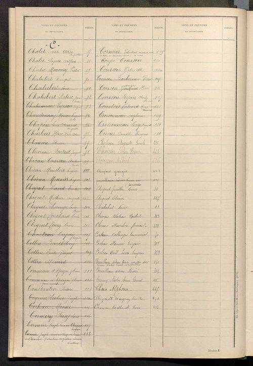 Tableau présentant les augmentations et les diminutions survenues dans la matière imposable ; récapitulation ; table alphabétique des propriétaires ; matrice des propriétés non bâties, fol. 1 à 492.