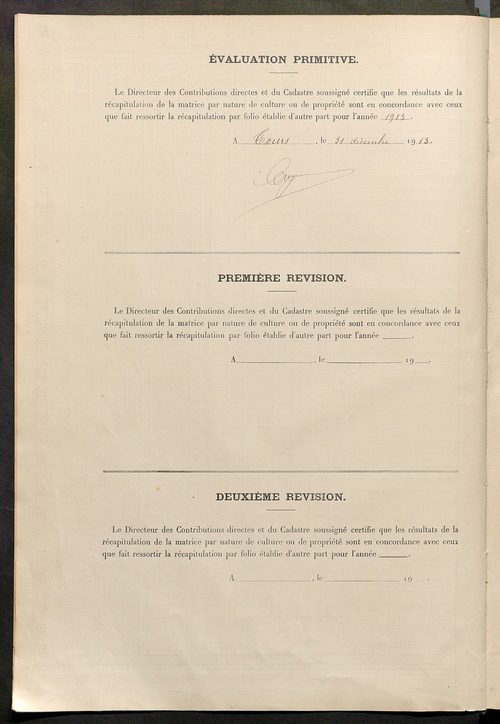 Tableau présentant les augmentations et les diminutions survenues dans la matière imposable ; récapitulation ; table alphabétique des propriétaires ; matrice des propriétés non bâties, fol. 1 à 492.