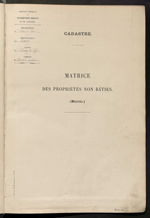 Tableau présentant les augmentations et les diminutions survenues dans la matière imposable ; récapitulation ; table alphabétique des propriétaires ; matrice des propriétés non bâties, fol. 1 à 492.