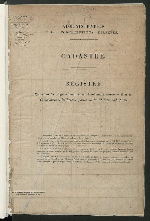 Registre présentant les augmentations et les diminutions survenues dans les contenances et les revenus portés sur les matrices cadastrales, 1828-1914 ; récapitulation des contenances et des revenus imposables, 1826 ; matrice des propriétés foncières, fol.