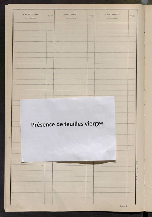 Matrice des propriétés non bâties : tableau présentant les augmentations et les diminutions survenues dans la matière imposable ; récapitulation ; table alphabétique des propriétaires.
