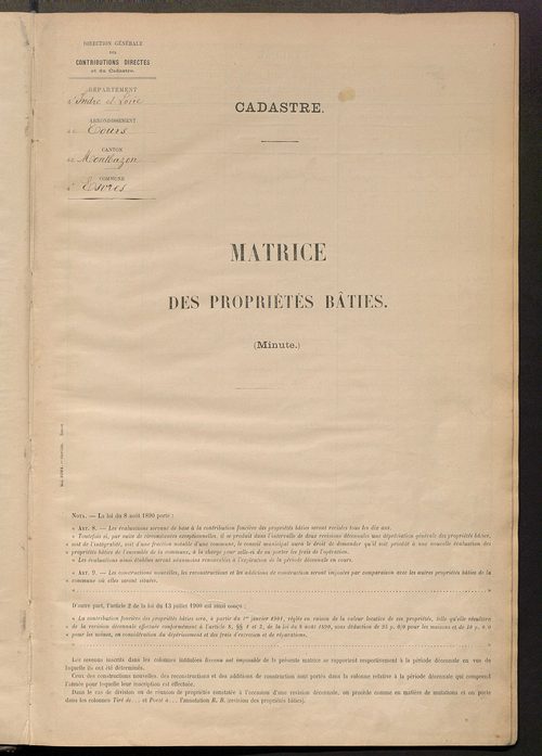 Tableau présentant la valeur locative réelle, le revenu net imposable et le nombre de propriétés bâties ; récapitulation ; table alphabétique des propriétaires ; matrice des propriétés bâties, cases 1 à 472.