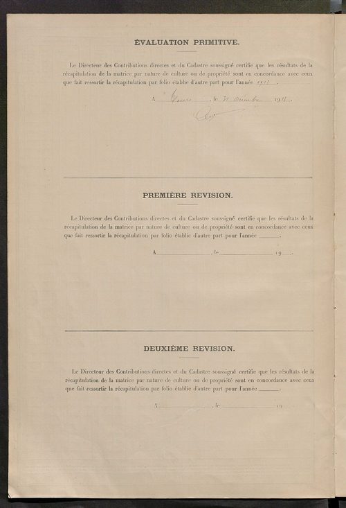 Matrice des propriétés non bâties : tableau présentant les augmentations et les diminutions survenues dans la matière imposable ; récapitulation ; table alphabétique des propriétaires.