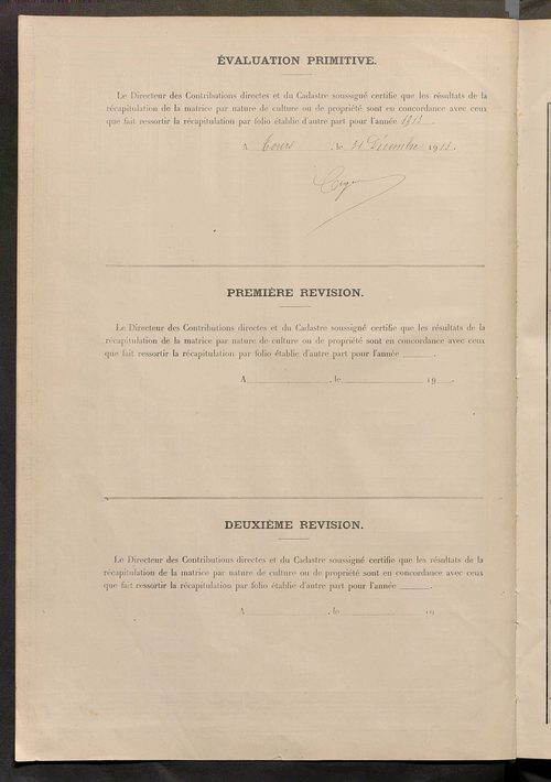 Matrice des propriétés non bâties ; tableau présentant les augmentations et les diminutions survenues dans la matière imposable ; récapitulation ; table alphabétique des propriétaires.