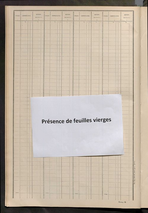 Matrice des propriétés non bâties ; tableau présentant les augmentations et les diminutions survenues dans la matière imposable ; récapitulation ; table alphabétique des propriétaires.