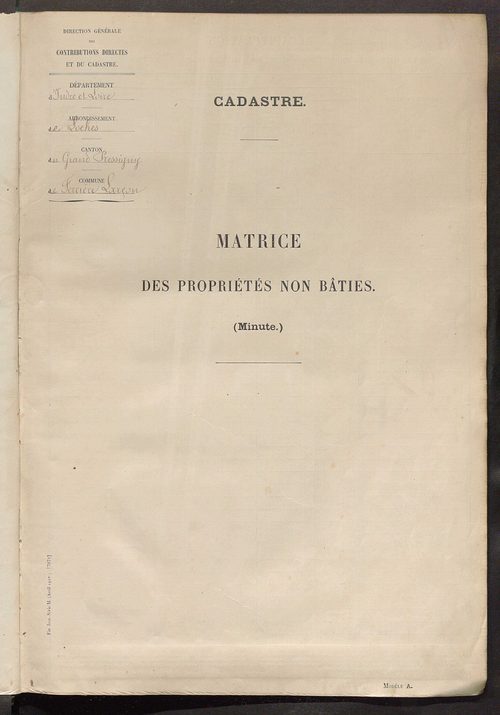 Tableau présentant les augmentations et les diminutions survenues dans la matière imposable ; récapitulation ; table alphabétique des propriétaires ; matrice des propriétés non bâties, fol. 1 à 500.
