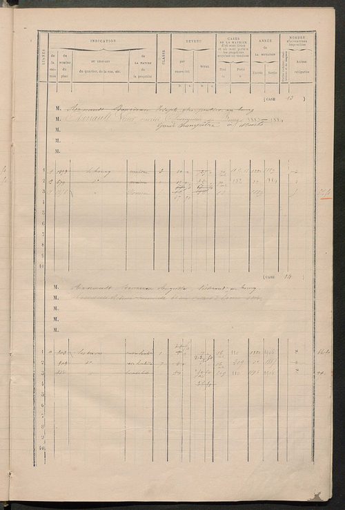 Matrice des propriétés bâties ; augmentations et diminutions, 1883-1891 ; séparation des revenus cadastraux afférents, pour l'année 1882, aux propriétés bâties et non bâties (état-balance) ; table alphabétique des propriétaires.