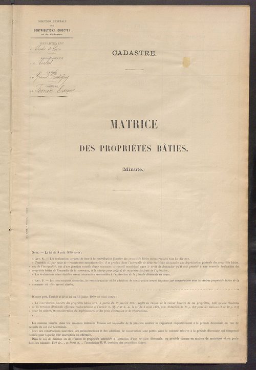 Matrice des propriétés bâties ; récapitulation ; table alphabétique des propriétaires.
