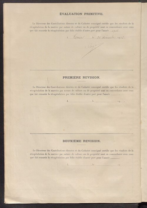 Tableau présentant les augmentations et les diminutions survenues dans la matière imposable ; récapitulation ; table alphabétique des propriétaires ; matrice des propriétés non bâties, fol. 1 à 500.