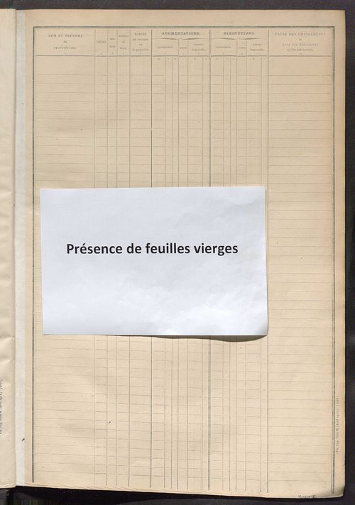Tableau présentant les augmentations et les diminutions survenues dans la matière imposable ; récapitulation ; table alphabétique des propriétaires ; matrice des propriétés non bâties, fol. 1 à 500.