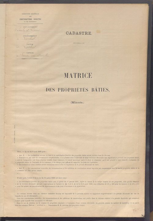 Matrice des propriétés bâties ; récapitulation ; table alphabétique des propriétaires.