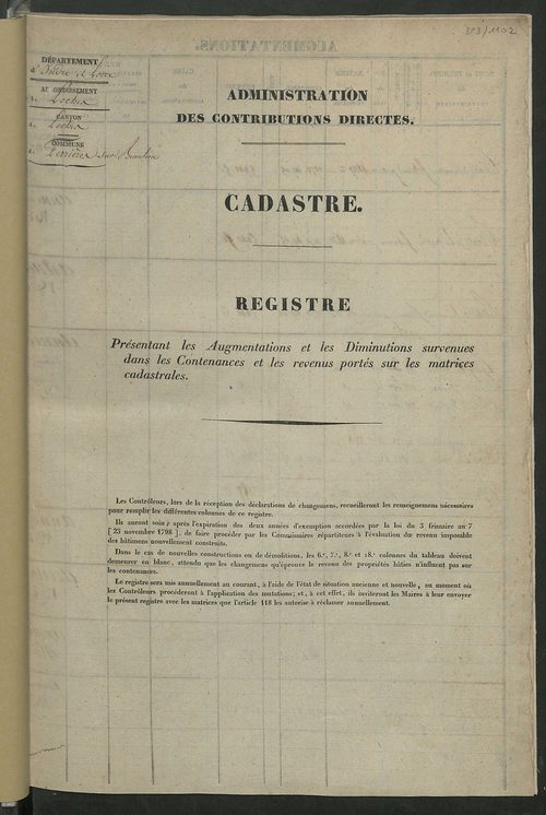 Registre présentant les augmentations et les diminutions survenues dans les contenances et les revenus portés sur les matrices cadastrales, 1829-1914 ; récapitulation des contenances et des revenus imposables, 1827 ; matrice des propriétés foncières, fol.