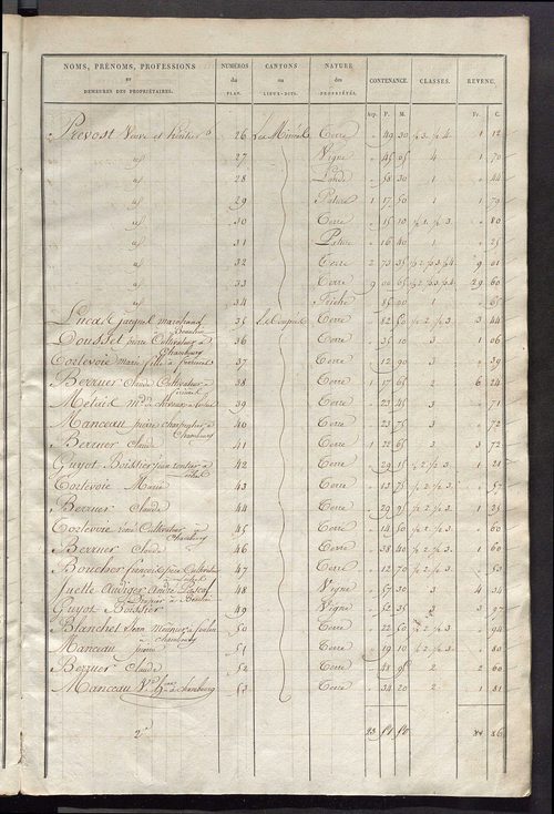 Etats de sections des propriétés non bâties et bâties ; relevé des numéros de propriétés non bâties de même nature ; relevé des propriétés bâties ; récapitulation de la contenance et du revenu imposables des propriétés.