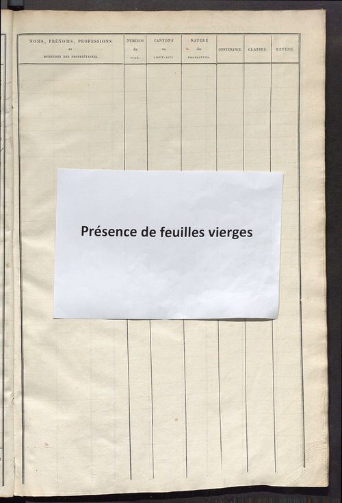 Etats de sections des propriétés non bâties et bâties ; relevé des numéros de propriétés non bâties de même nature ; relevé des propriétés bâties ; récapitulation de la contenance et du revenu imposables des propriétés.