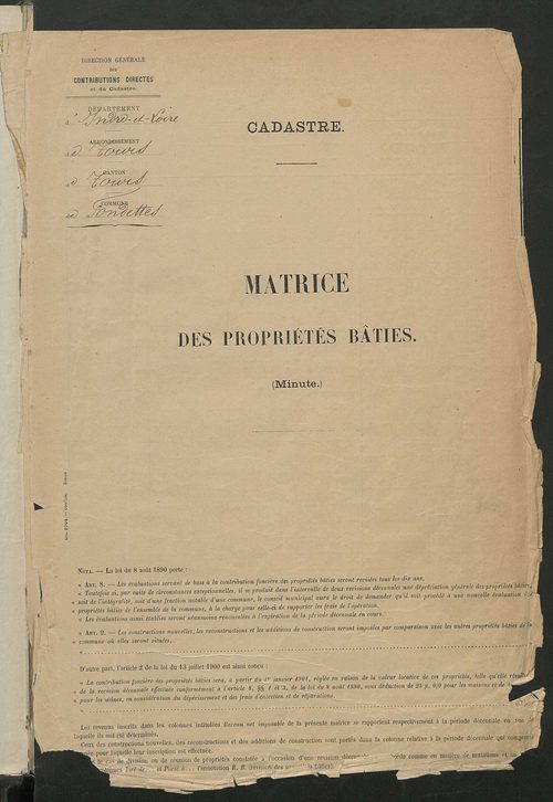 Matrice des propriétés bâties ; récapitulation ; table alphabétique des propriétaires.