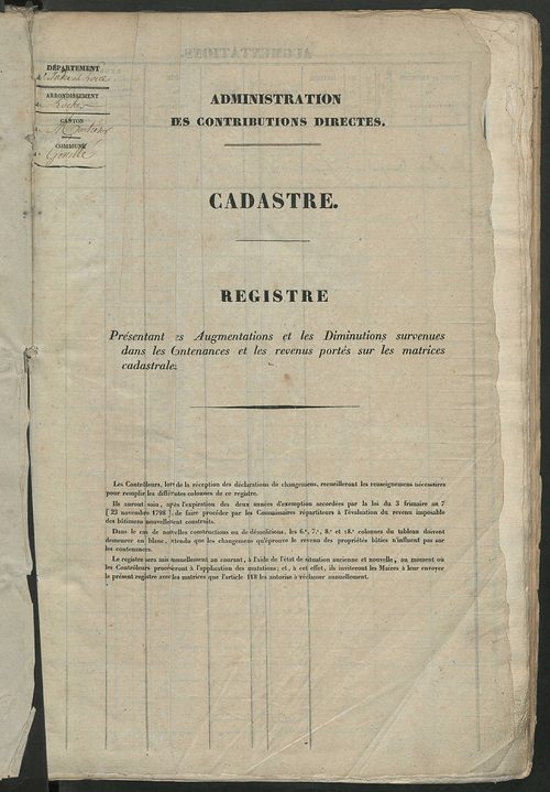 Registre présentant les augmentations et les diminutions survenues dans les contenances et les revenus portés sur les matrices cadastrales, 1834-1914 ; récapitulation des contenances et des revenus imposables, 1833 ; matrice des propriétés foncières, fol.