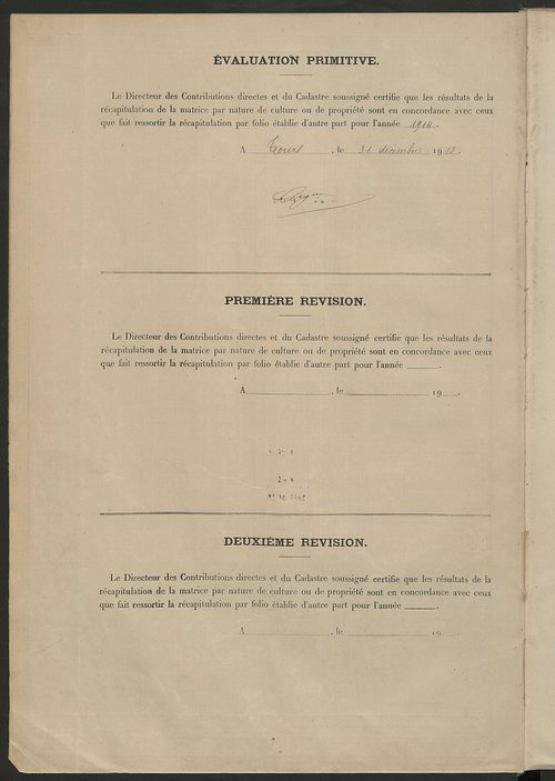 Tableau présentant les augmentations et les diminutions survenues dans la matière imposable ; récapitulation ; table alphabétique des propriétaires ; matrice des propriétés non bâties, fol. 1 à 488.