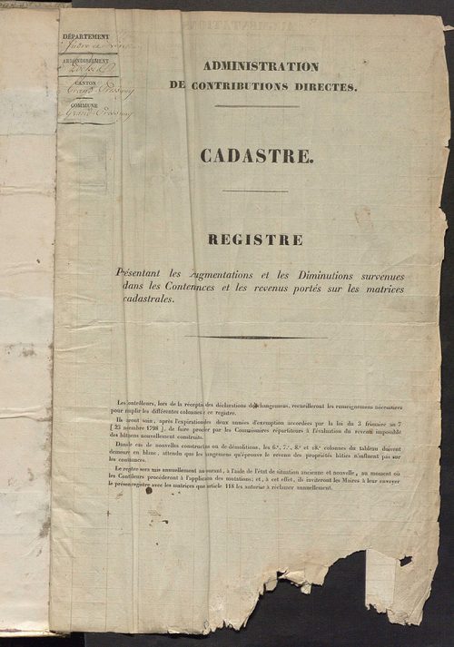 Registre présentant les augmentations et les diminutions survenues dans les contenances et les revenus portés sur les matrices cadastrales, 1825-1914 ; récapitulation des contenances et des revenus imposables, 1823 ; matrice des propriétés foncières, fol.