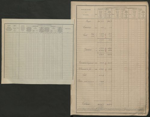 Tableau présentant les augmentations et les diminutions survenues dans la matière imposable ; récapitulation ; table alphabétique des propriétaires ; matrice des propriétés non bâties, fol. 1 à 488.