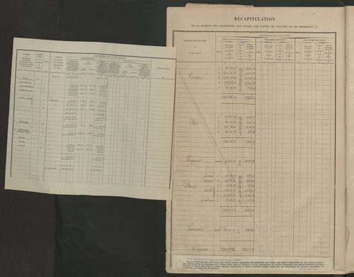 Tableau présentant les augmentations et les diminutions survenues dans la matière imposable ; récapitulation ; table alphabétique des propriétaires ; matrice des propriétés non bâties, fol. 1 à 488.